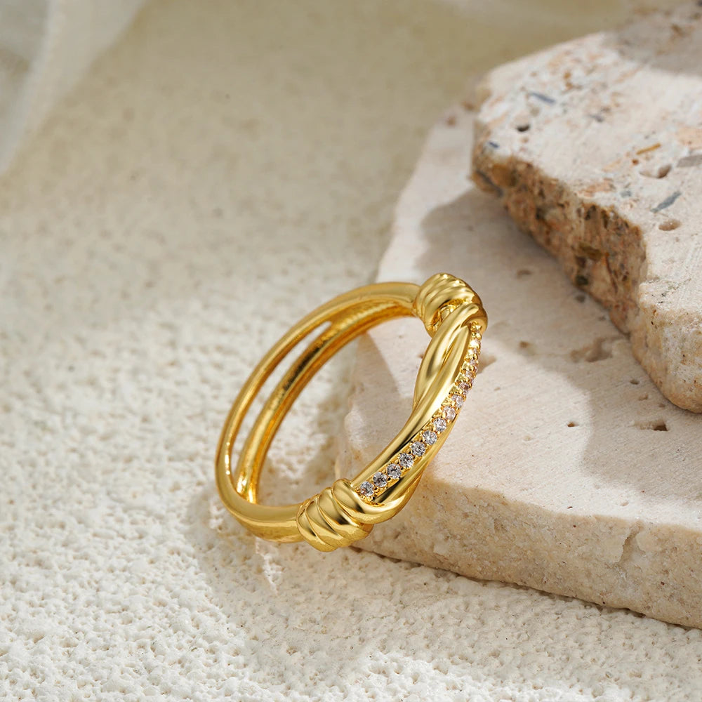 18K Gold Plated Zircon Twist Bilayer Circle Wedding Ring for Women Bride Jewelry