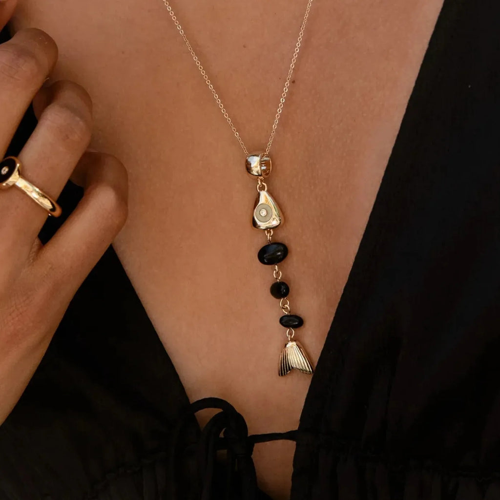 18k Gold Plated Stainless Steel Fishbone Pendant Necklace Featuring White Opal Charm for Women