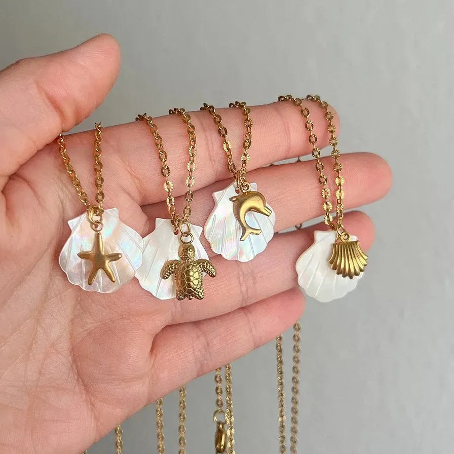 Boho White Shell Pendant Necklace Gold Stainless Steel Sea Turtle Star Choker