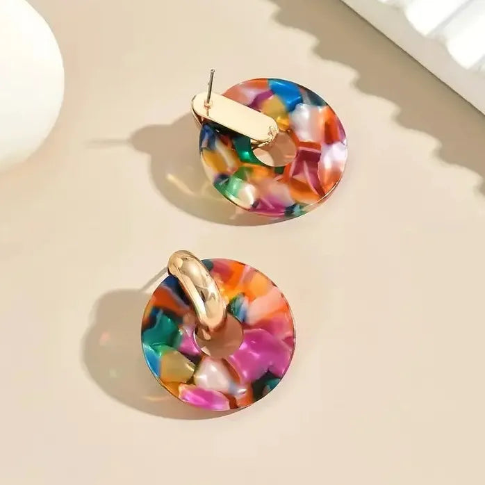 Vintage Acrylic Colorful Spliced Circle Stud Earrings for Women Hollow Jewelry