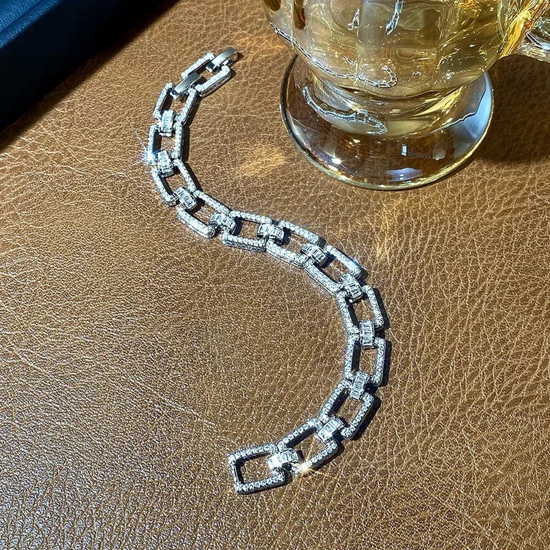 Cubic Zirconia Silver Cuban Chain Bracelet with Geometric Design for Women