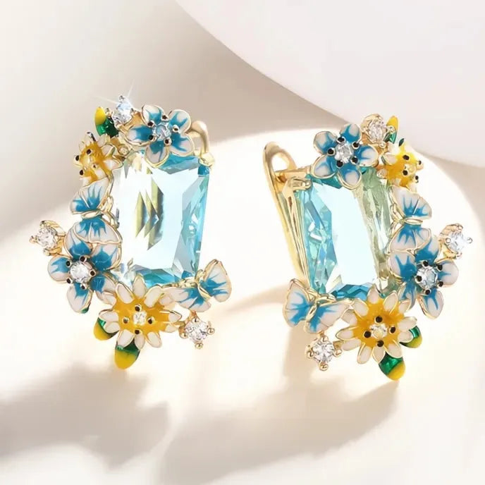 Blue Yellow Flower Enamel Drop Earrings with Sky Blue CZ Cubic Zirconia Brass Jewelry for Women Wedding Party