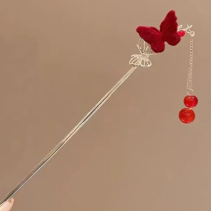 Vintage Chinese Red Rose Alloy Tassel Hair Stick for Women Hairpin