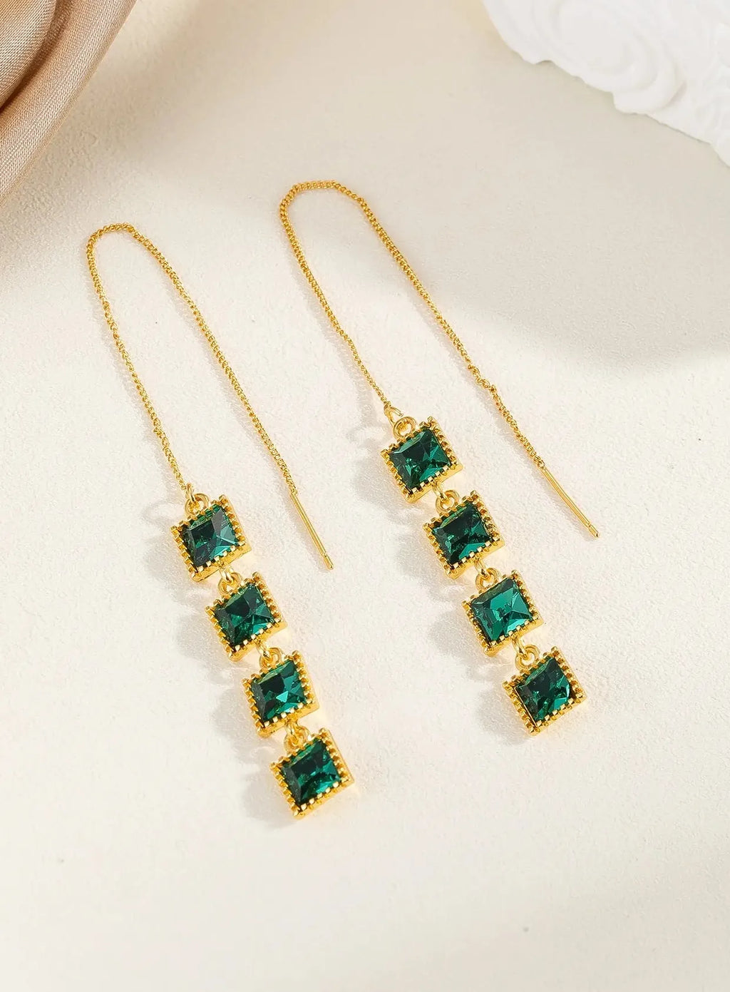 Green Small Square Zircon Drop Earrings for Women Tassel Piercing Christmas Gift