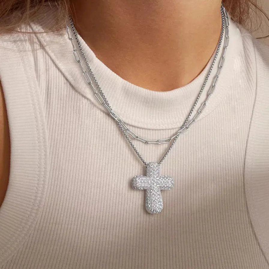 18K Gold Plated Zircon Thick Cross Pendant Necklace Stainless Steel Chain Jewelry