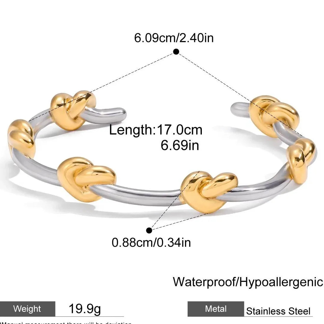 French Style Two-tone Knot Geometric Stainless Steel Cuff Bracelet Women