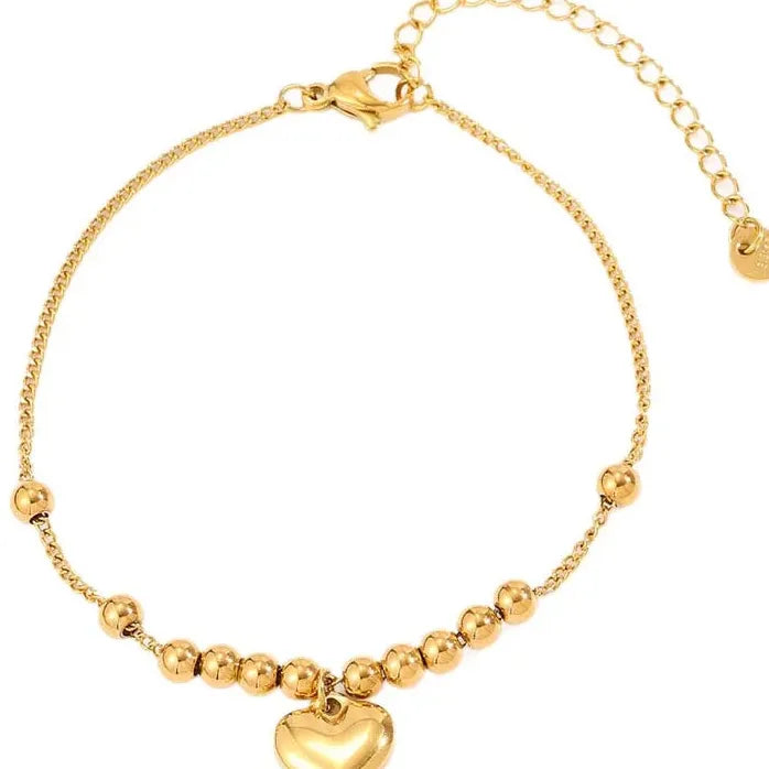 Stainless Steel Gold Heart Pendant Bracelet Women Metal Beaded Bangle Jewelry