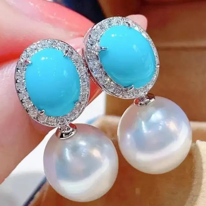 Blue Gemstone Imitation Pearl Drop Earrings for Ladies Wedding Engagement Jewelry