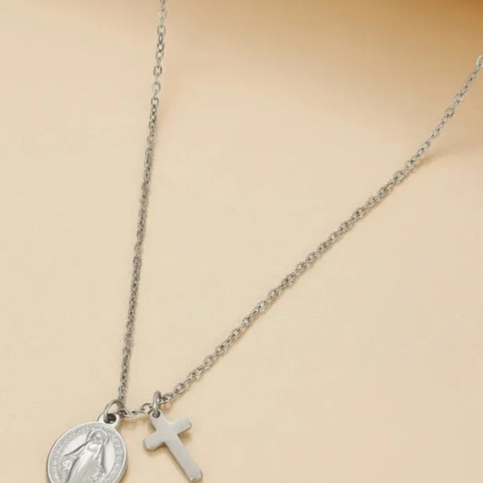 Stainless Steel Cross Pendant Necklace Retro Virgin Mary Collarbone Gift