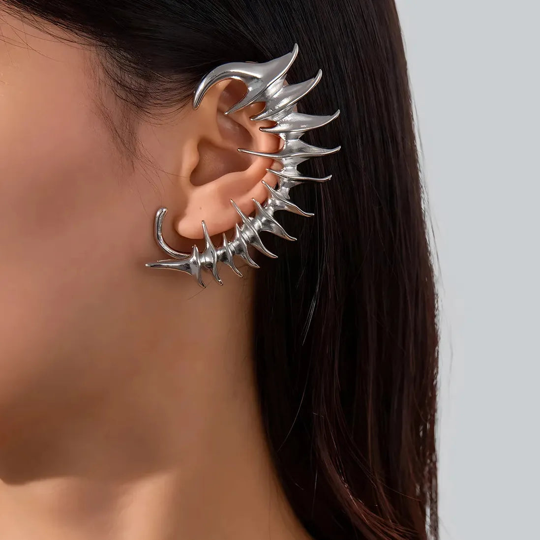 Vintage Punk Silver Thorn Spine Bone Clip-On Earrings Hiphop Jewelry Gift