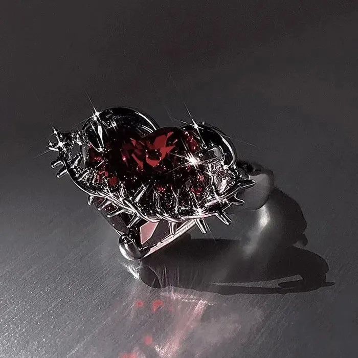 Y2K Red Crystal Heart Adjustable Punk Vintage Ring for Women Jewelry