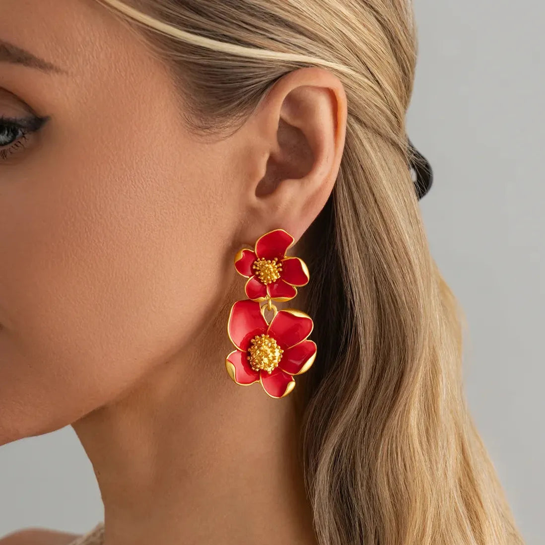 White Enamel Petal Dangle Earrings for Women Vintage Flower Jewelry