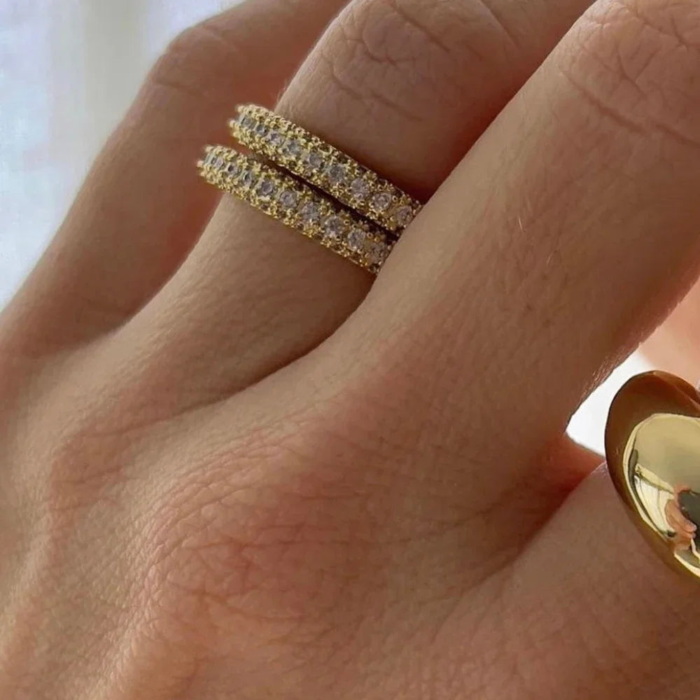 18K Gold Plated Stainless Steel Wedding Ring for Women with Cubic Zirconia Charm