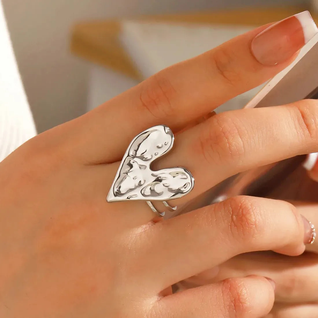 18K Gold Color Stainless Steel Heart Pattern Double Thin Ring Women Jewelry