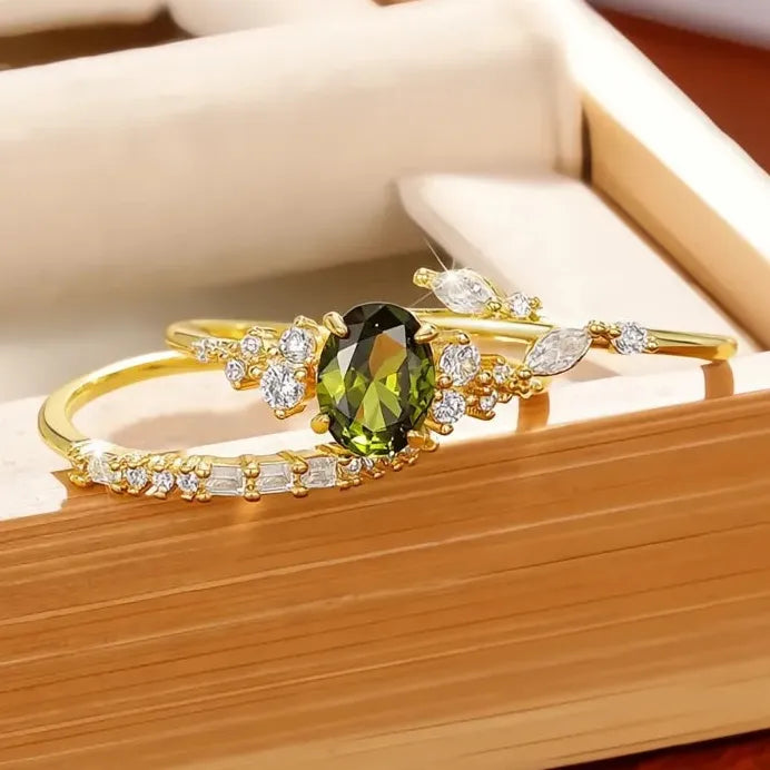 Oval Olive Leaf CZ Bridal Ring Set for Women Wedding Party Brass Jewelry