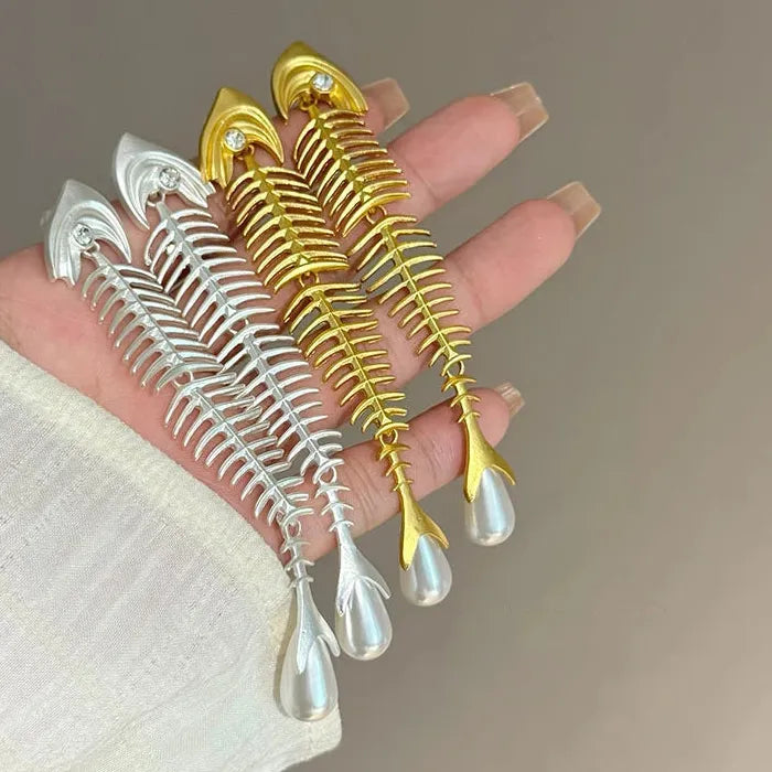 Vintage Fishbone Pearl Drop Earrings Zinc Alloy Punk Jewelry Gift for Women