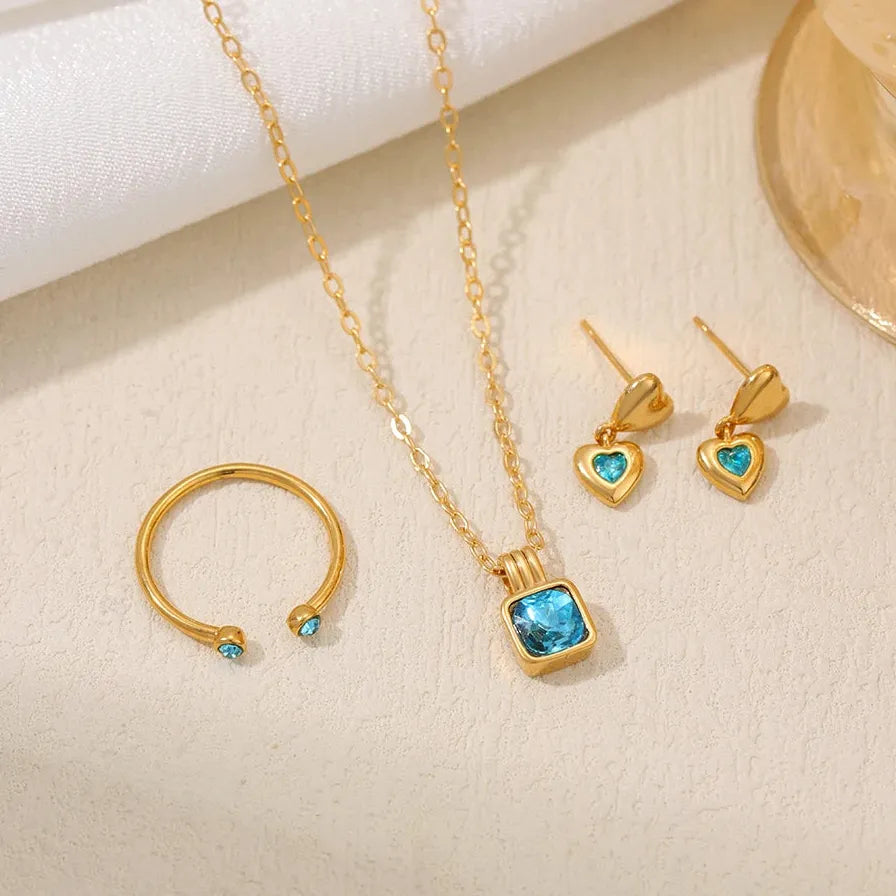 18K Gold Plated Blue Crystal Double Heart Earrings Necklace Ring Set Gift