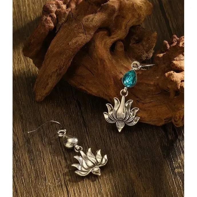 Vintage Blue Cubic Zirconia Lotus Drop Earrings for Women Zinc Alloy Jewelry Gift