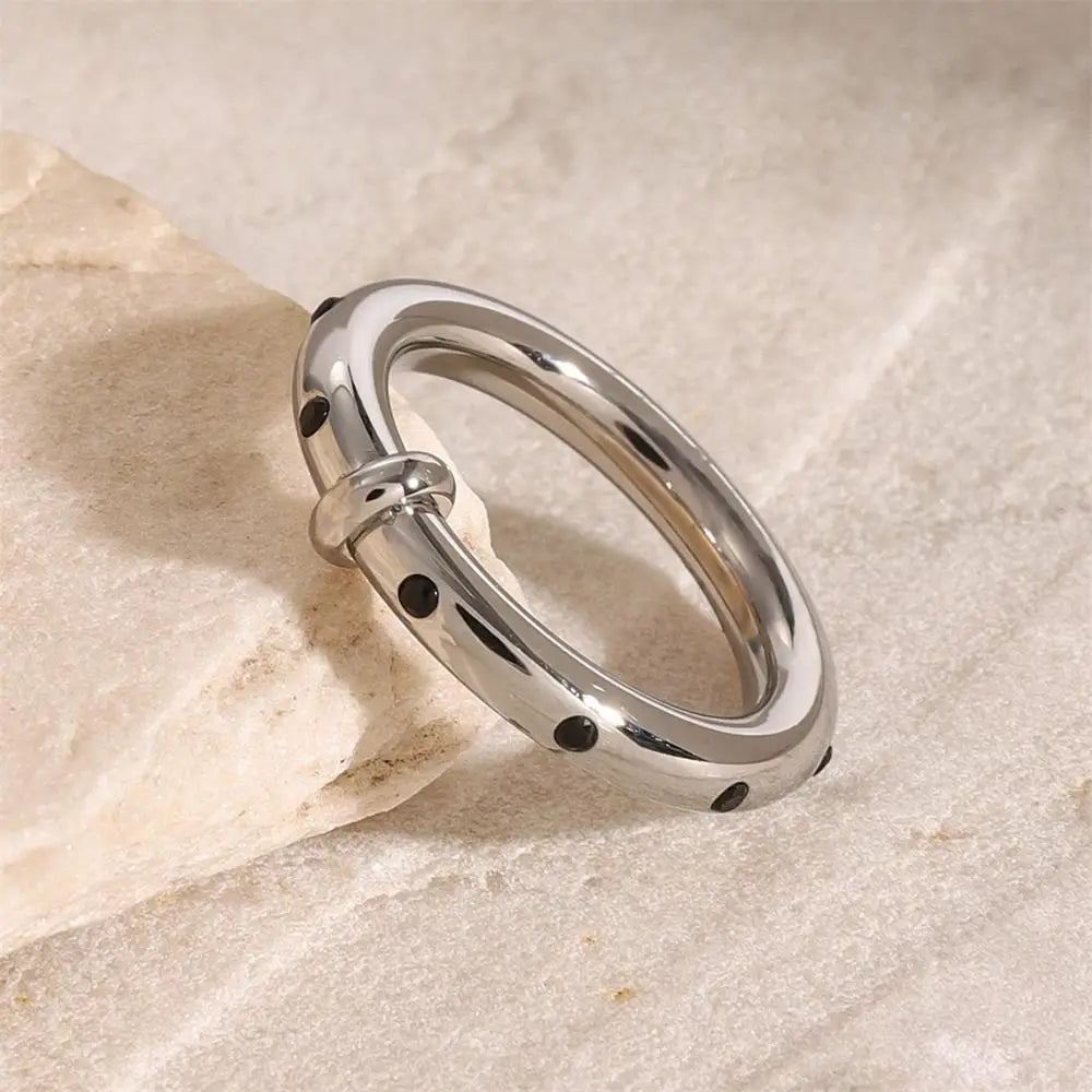 Stainless Steel Black Zircon Small Circle Unisex Ring Waterproof Anti-Allergic Punk Jewelry Gift