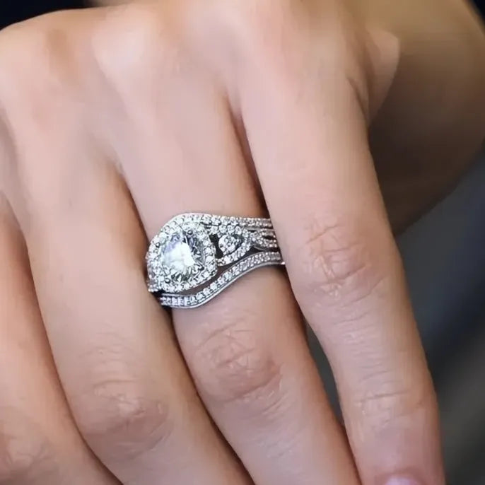Women’s 3-Piece Cubic Zirconia Bridal Wedding Ring Set in Brass