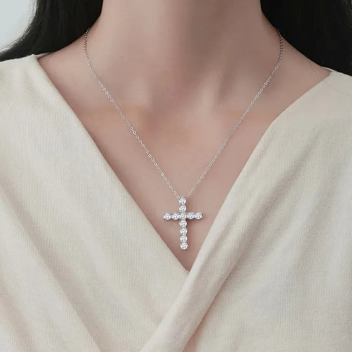 Stainless Steel Cross Pendant Necklace with Crystal Zircon for Women Men