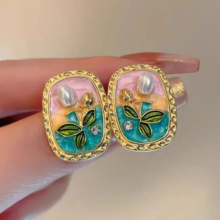 Vintage Pearl Zinc Alloy Oval Stud Earrings with Rectangular Garden Design