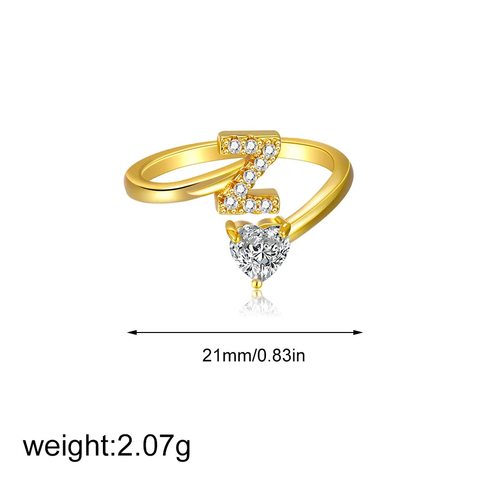 Polished Gold Plated Copper A-Z Letter Initial Ring with Zircon Heart Wedding Jewelry