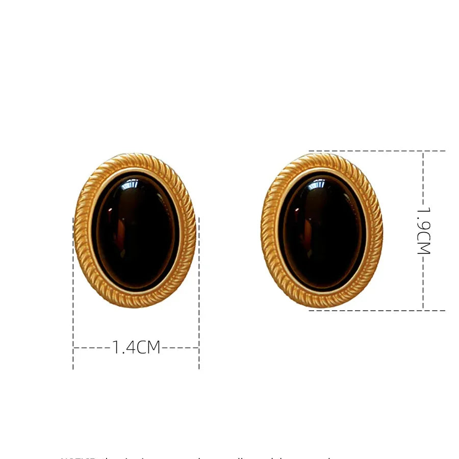 2024 Retro Gold Metal Black Round Stud Earrings Elegant Party Jewelry