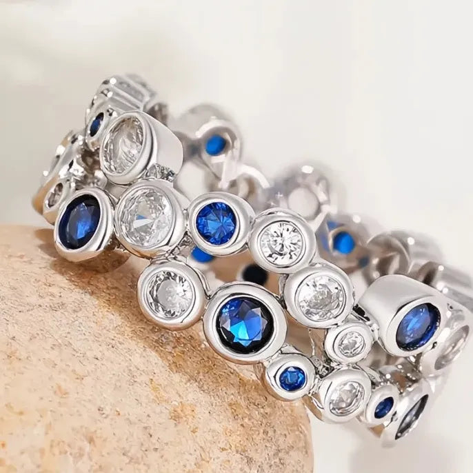 Women’s Silver Cubic Zirconia Wedding Band Ring Brass Blue White Jewelry
