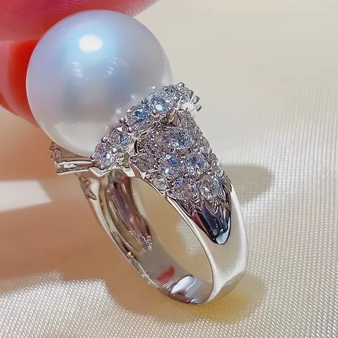Iced Out CZ Simulated Pearl Wedding Ring for Women Silver Brass Full Bling