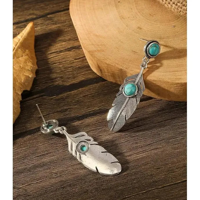 Antique Silver Ethnic Leaf Wing Earrings with Turquoise Inlay Zinc Alloy Gift