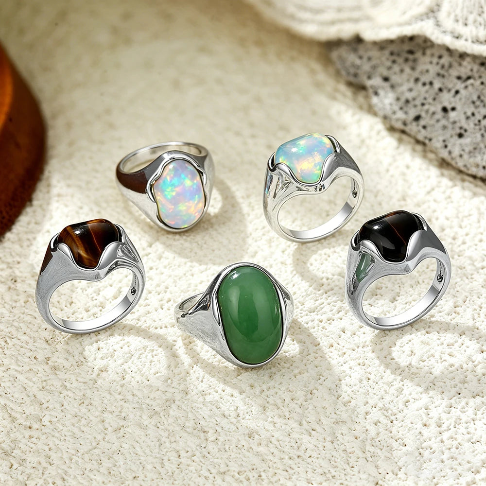Europe Style Heart Shape White Opal Stainless Steel Wedding Ring Punk Jewelry Waterproof Anti-Allergic