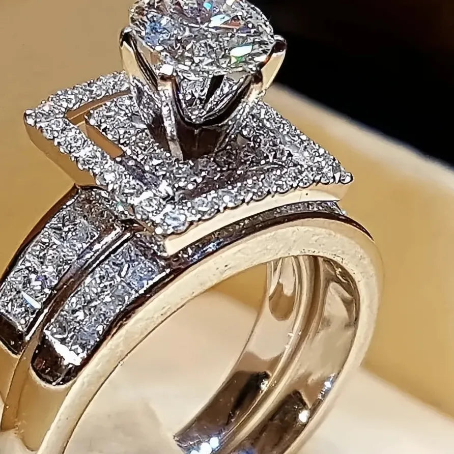 Women's Geometric Cubic Zirconia Brass Wedding Ring Set Trendy