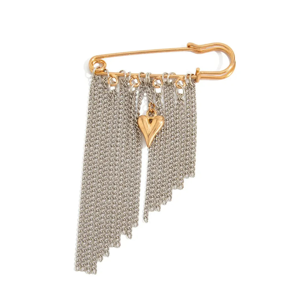 Gold Heart Pendant Brooch Pin with Multi-Layer Tassels for Women Zinc Alloy
