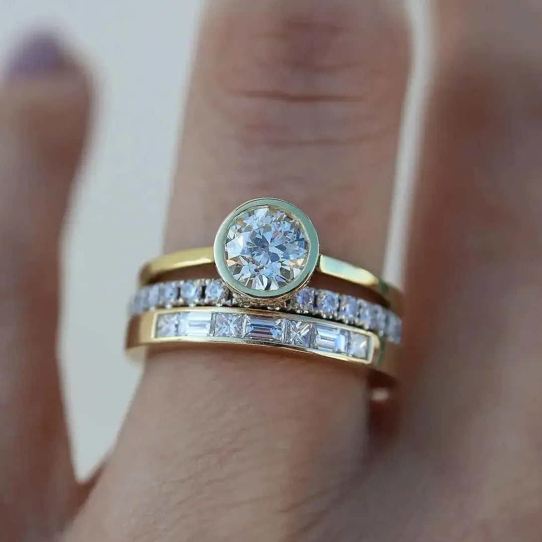 Geometric Gold Color Round Zircon Rings Set for Women Engagement Wedding Jewelry