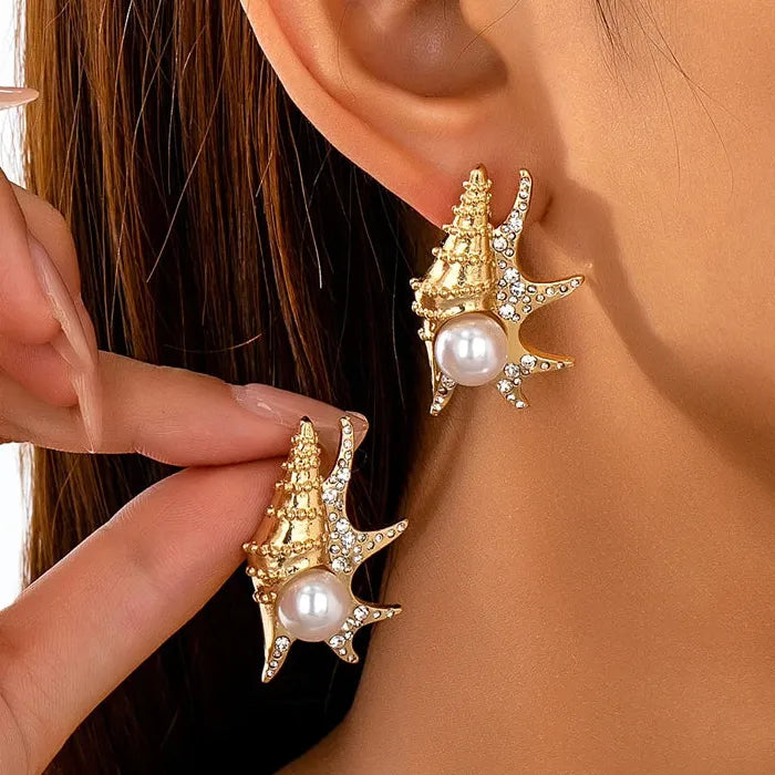 Geometric Pearl Zircon Conch Drop Earrings Zinc Alloy Women’s Gift