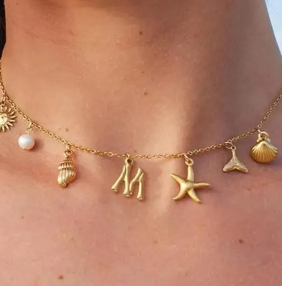 Copper Surfer Girl Seashell Initial Choker Necklace Beach Jewelry Gift