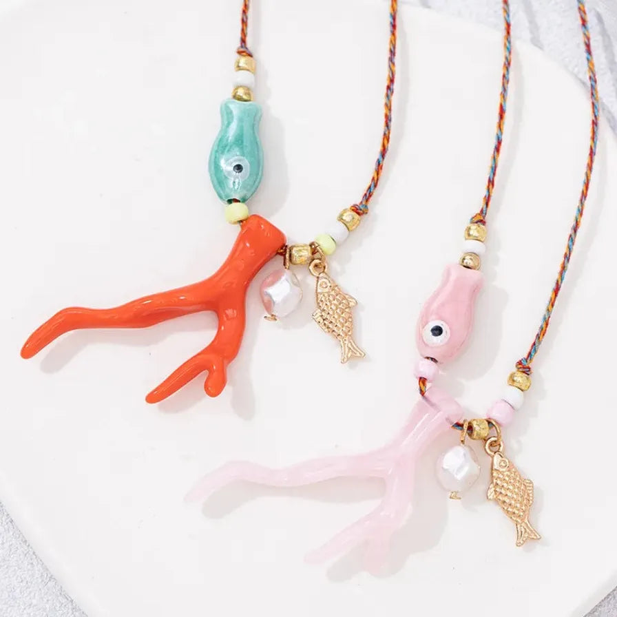 18k Gold Plated Ocean Coral Fish Pendant Necklace Adjustable Rope Choker Women