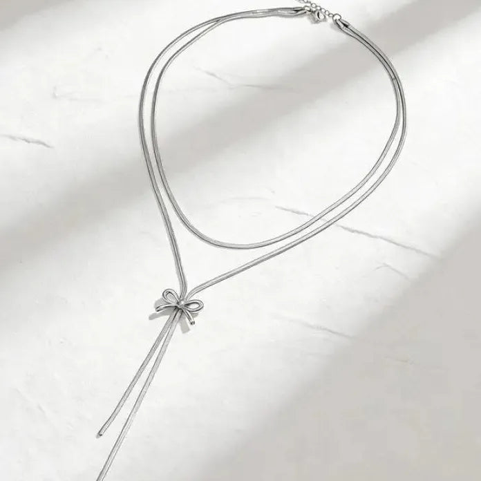French Style Retro Minimalist Bow Necklace for Women Stainless Steel Pendant Jewelry