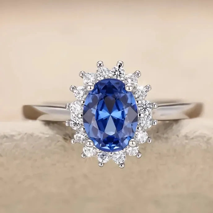 Aesthetic Sunflower Design Brass Ring with Blue Cubic Zirconia Women’s Wedding Anniversary Jewelry
