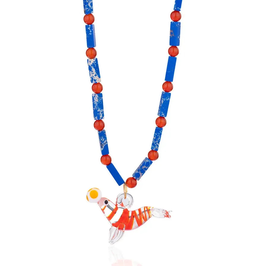 18k Gold Plated Lobster Fish Pendant Necklace Natural Stone Beads Handmade Jewelry