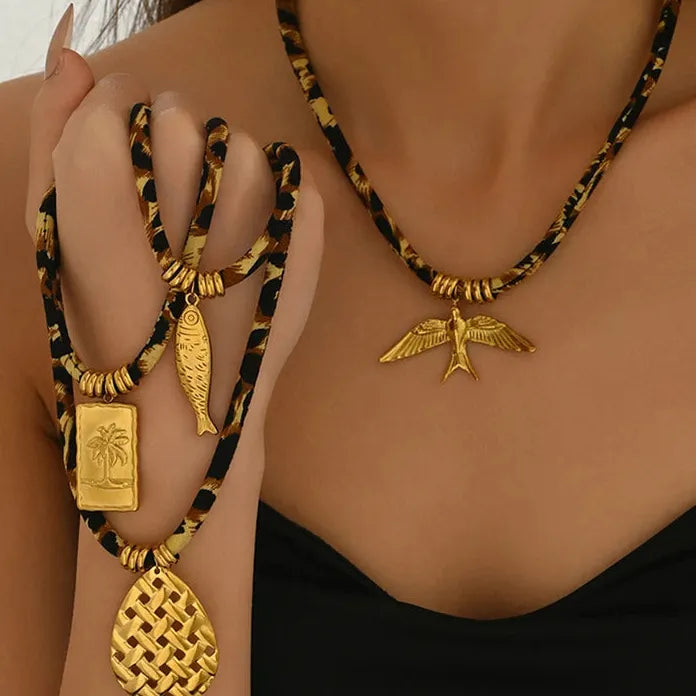 Adjustable Leopard Print Cord Necklace with Zinc Alloy Fish Bird Pendant Choker Gift