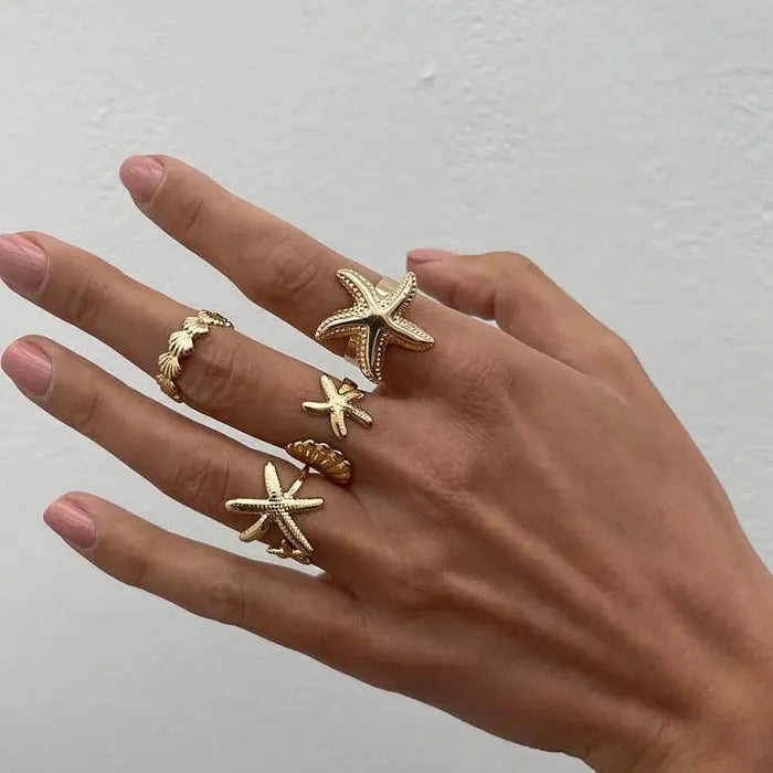 4Pcs Adjustable Gold Starfish Open Rings Beach Party Jewelry Accessories