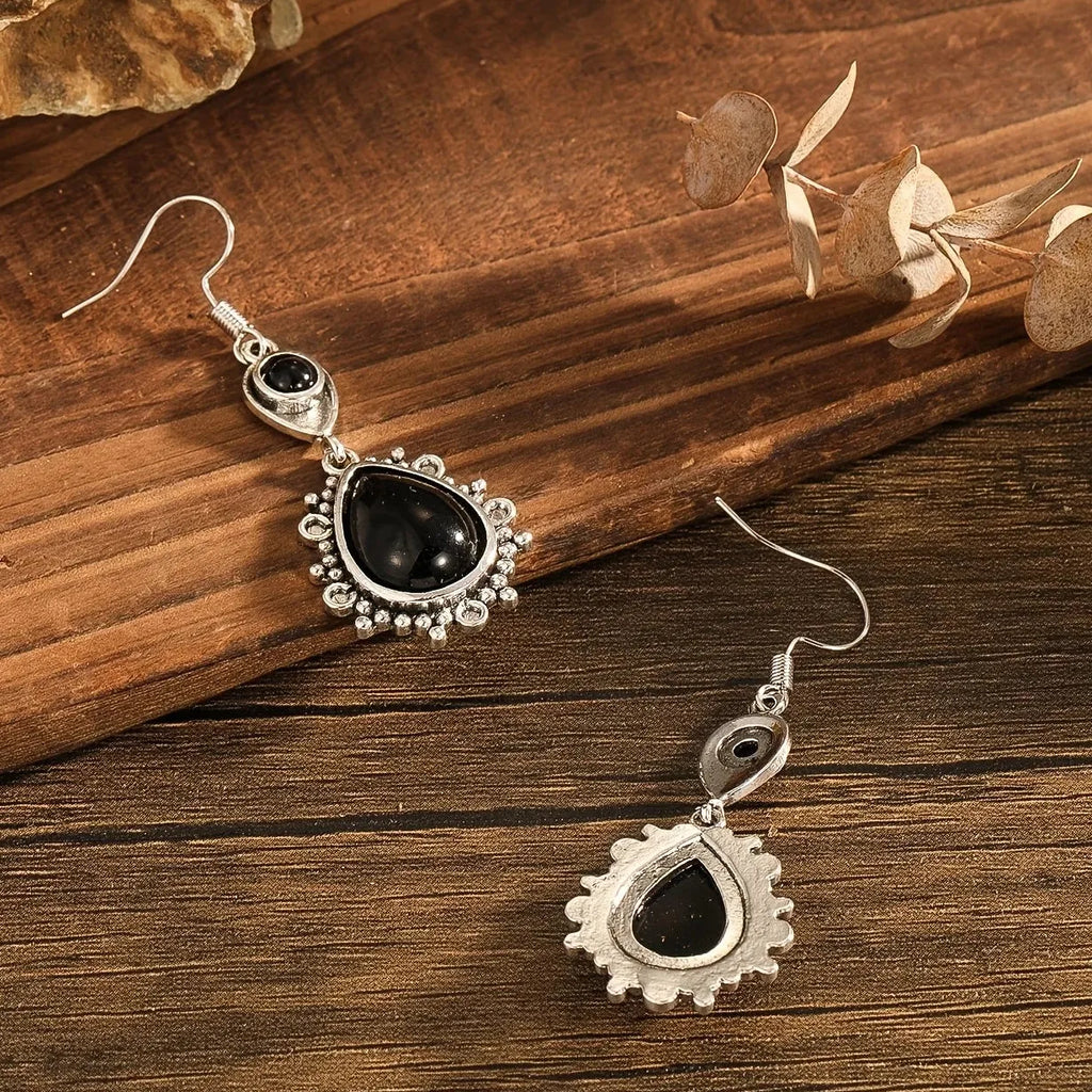 Retro Black Stone Geometric Hollow Lace Pendant Drop Earrings for Women