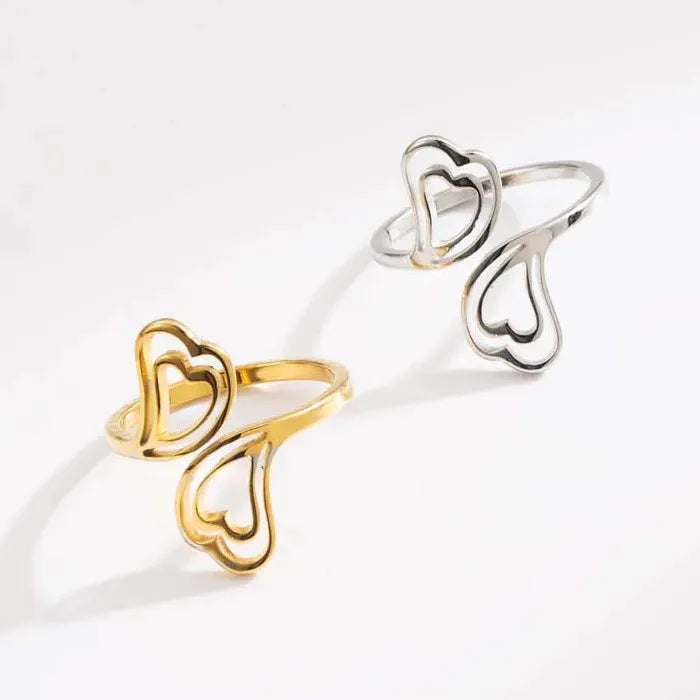 Stainless Steel Double Heart Open Ring Simple Hollow Jewelry Gift for Women