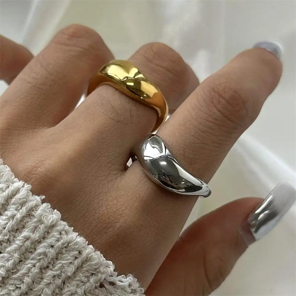18K Gold Plated Two Tone Wavy Dome Chunky Ring for Women Waterproof Couple Jewelry