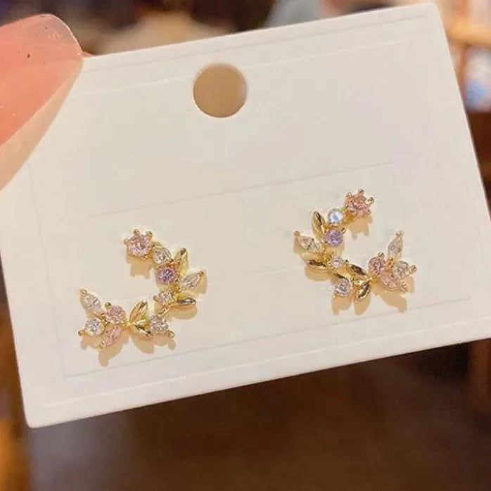 Colored Inlaid Rhinestone Moon Leaf Stud Earrings for Women Copper Alloy Jewelry