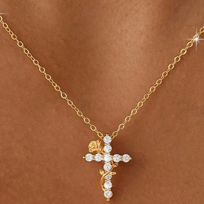 Zircon Cross Pendant Necklace for Women Gold Rose Trendy Fashion Jewelry
