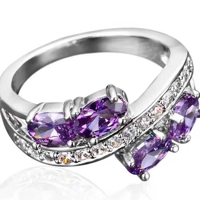 Women's Brass Geometric Ring with Purple Cubic Zirconia for Wedding Party