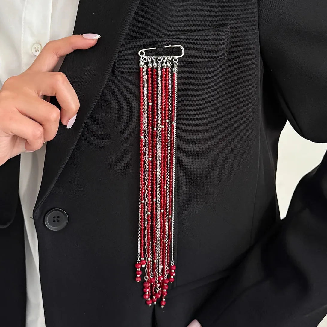 Crystal Multi-Layer Tassel Chain Rice Bead Brooch Hip Hop Jewelry for Women Men